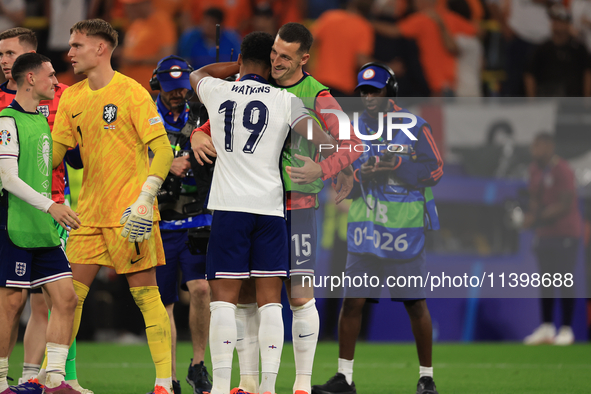 Ollie Watkins (England) is being congratulated by Lewis Dunk (England) after the Semi Final of the UEFA European Championship between Englan...