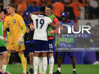 Ollie Watkins (England) is being congratulated by Lewis Dunk (England) after the Semi Final of the UEFA European Championship between Englan...