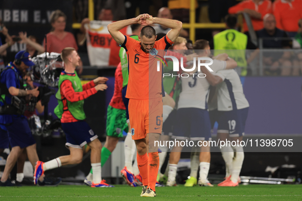 Stefan de Vrij (Netherlands) is reacting to the final whistle after the Semi Final of the UEFA European Championship between England and Net...