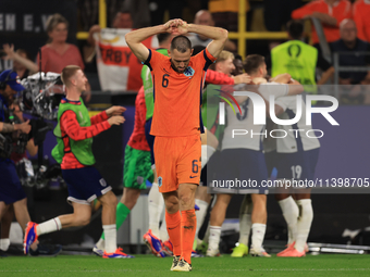 Stefan de Vrij (Netherlands) is reacting to the final whistle after the Semi Final of the UEFA European Championship between England and Net...