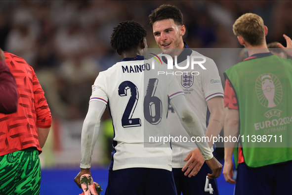 Declan Rice (England) is with Kobbie Mainoo (England) after the Semi Final of the UEFA European Championship between England and Netherlands...