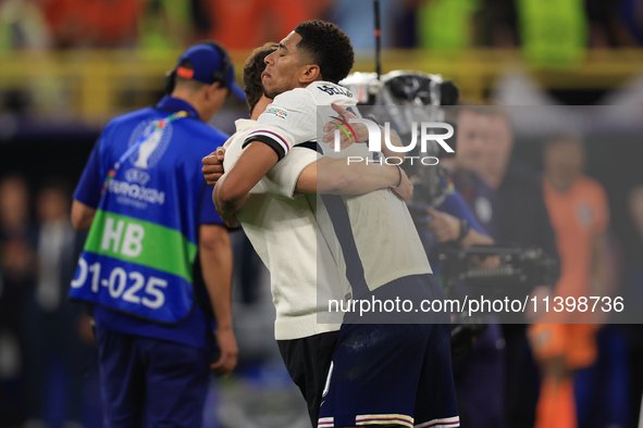 Gareth Southgate, England manager, is with Jude Bellingham (England) after the Semi Final of the UEFA European Championship between England...