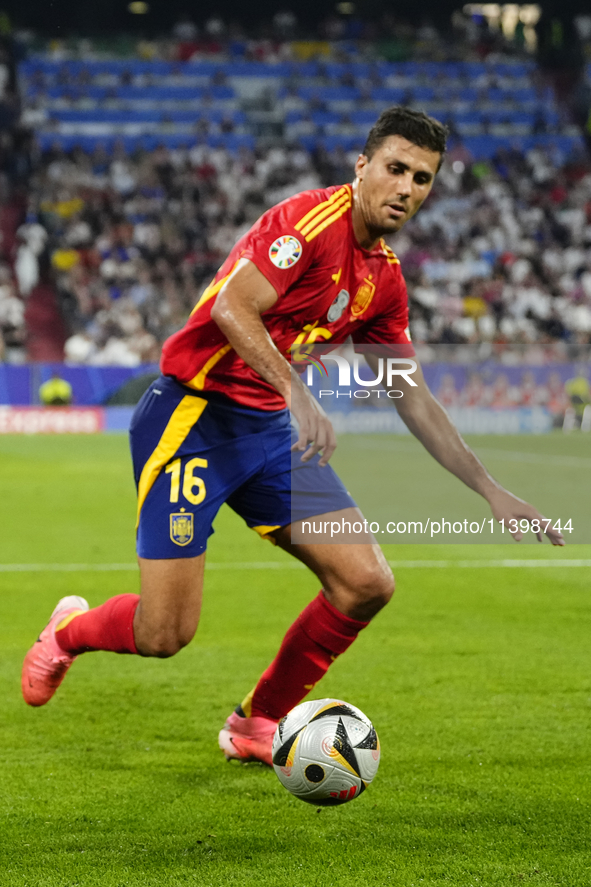 Rodrigo Hernandez defensive midfield of Spain and Manchester City during the UEFA EURO 2024 semi-final match between Spain v France at Munic...