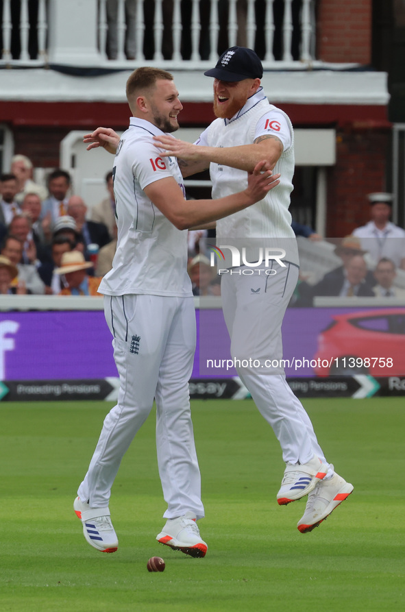 England's Gus Atkinson (Surrey) is making his debut and celebrating his first wicket with England's Ben Stokes (Durham) during the Rothesay...