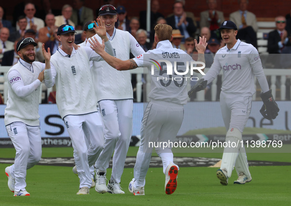 England's Harry Brook is celebrating his catch of M Louis during the Rothesay Test on Day 1 of the 5-match series between England and West I...