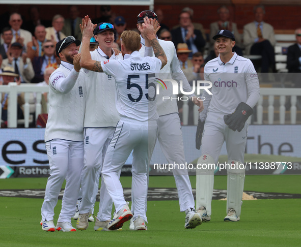 England's Harry Brook is celebrating his catch of M Louis during the Rothesay Test on Day 1 of the 5-match series between England and West I...