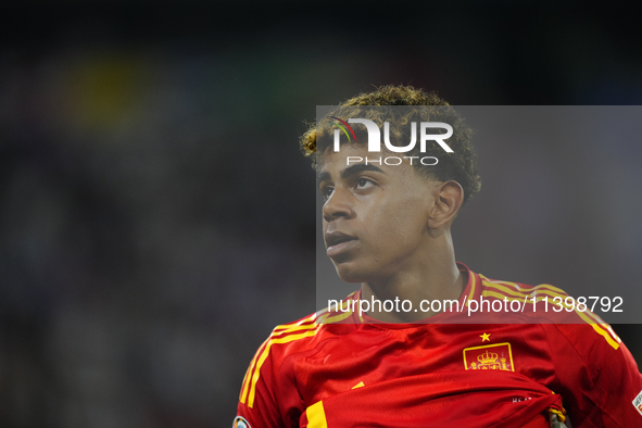 Lamine Yamal right winger of Spain and FC Barcelona during the UEFA EURO 2024 semi-final match between Spain v France at Munich Football Are...