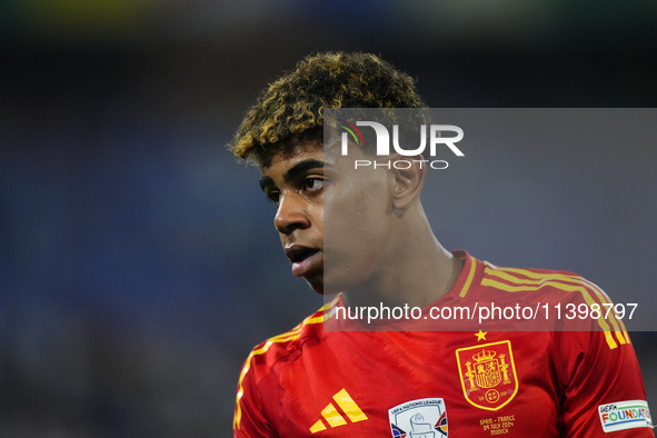 Lamine Yamal right winger of Spain and FC Barcelona during the UEFA EURO 2024 semi-final match between Spain v France at Munich Football Are...