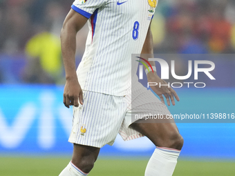 Aurelien Tchouameni defensive midfield of France and Real Madrid controls the ball during the UEFA EURO 2024 semi-final match between Spain...