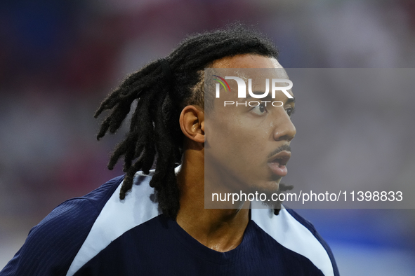 Jules Kounde centre-back of France and FC Barcelona during the warm-up before the UEFA EURO 2024 semi-final match between Spain v France at...