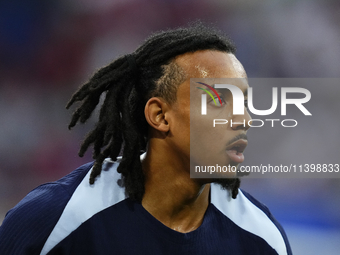 Jules Kounde centre-back of France and FC Barcelona during the warm-up before the UEFA EURO 2024 semi-final match between Spain v France at...