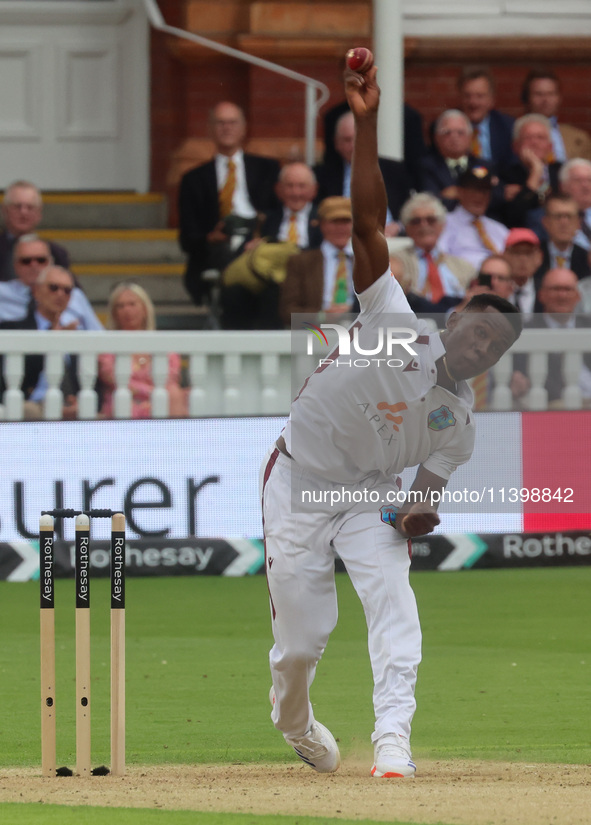 Shamar Joseph of West Indies is in action during the Rothesay Test on Day 1 of the 5-match series between England and West Indies at The Lor...