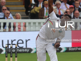 Shamar Joseph of West Indies is in action during the Rothesay Test on Day 1 of the 5-match series between England and West Indies at The Lor...