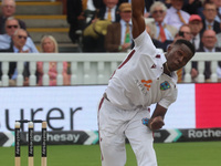 Shamar Joseph of West Indies is in action during the Rothesay Test on Day 1 of the 5-match series between England and West Indies at The Lor...