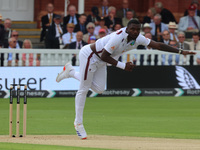 Jayden Seales of West Indies is in action during the Rothesay Test on Test Day 1 of the 5-match series between England and West Indies at Th...