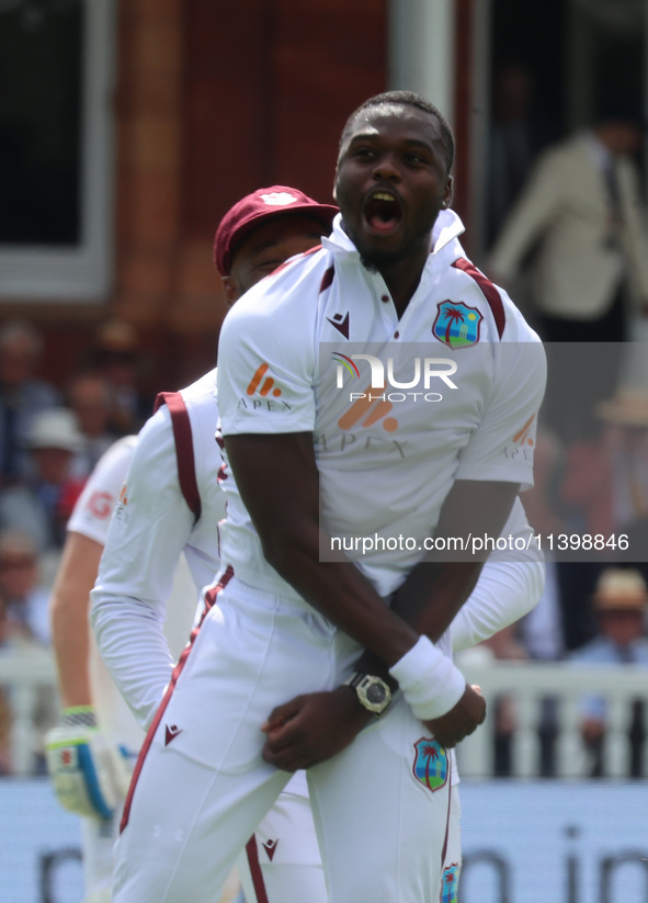 Jayden Seales of West Indies is celebrating the wicket of England's Ben Duckett, caught by Joshua Da Silva of West Indies, during the Rothes...