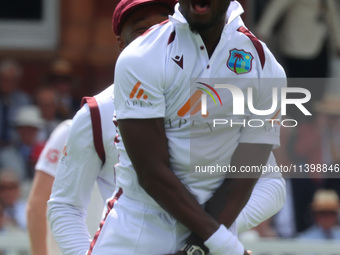 Jayden Seales of West Indies is celebrating the wicket of England's Ben Duckett, caught by Joshua Da Silva of West Indies, during the Rothes...