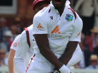 Jayden Seales of West Indies is celebrating the wicket of England's Ben Duckett, caught by Joshua Da Silva of West Indies, during the Rothes...