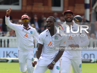 Jayden Seales of West Indies is celebrating the wicket of England's Ben Duckett, caught by Joshua Da Silva of West Indies, during the Rothes...