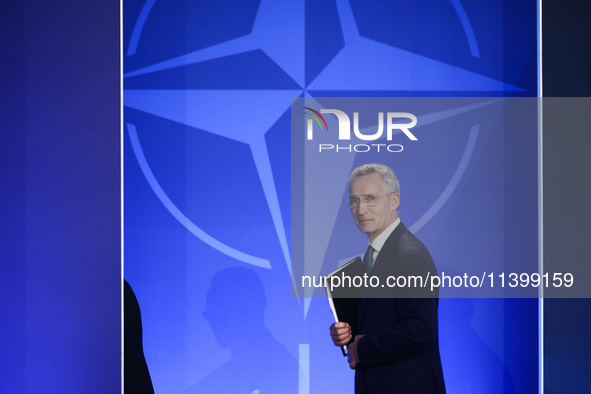 NATO Secretary Jens Stoltenberg holds a press conference during the 75th NATO Summit in the Walter E. Washington Convention Center in Washin...