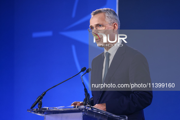 NATO Secretary Jens Stoltenberg holds a press conference during the 75th NATO Summit in the Walter E. Washington Convention Center in Washin...