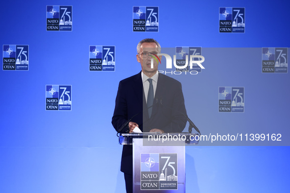 NATO Secretary Jens Stoltenberg holds a press conference during the 75th NATO Summit in the Walter E. Washington Convention Center in Washin...