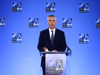 NATO Secretary Jens Stoltenberg holds a press conference during the 75th NATO Summit in the Walter E. Washington Convention Center in Washin...