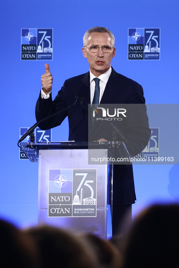 NATO Secretary Jens Stoltenberg holds a press conference during the 75th NATO Summit in the Walter E. Washington Convention Center in Washin...