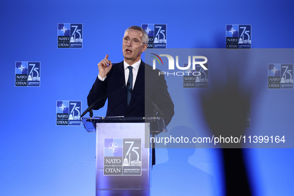 NATO Secretary Jens Stoltenberg holds a press conference during the 75th NATO Summit in the Walter E. Washington Convention Center in Washin...