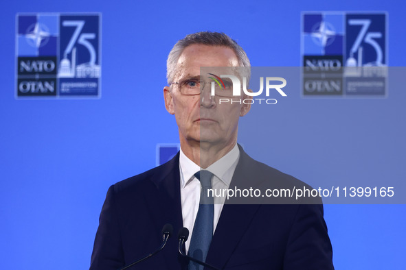 NATO Secretary Jens Stoltenberg holds a press conference during the 75th NATO Summit in the Walter E. Washington Convention Center in Washin...