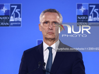 NATO Secretary Jens Stoltenberg holds a press conference during the 75th NATO Summit in the Walter E. Washington Convention Center in Washin...