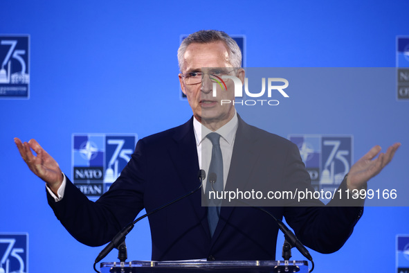 NATO Secretary Jens Stoltenberg holds a press conference during the 75th NATO Summit in the Walter E. Washington Convention Center in Washin...