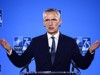 NATO Secretary Jens Stoltenberg holds a press conference during the 75th NATO Summit in the Walter E. Washington Convention Center in Washin...