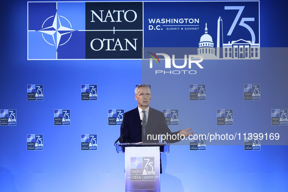 NATO Secretary Jens Stoltenberg holds a press conference during the 75th NATO Summit in the Walter E. Washington Convention Center in Washin...