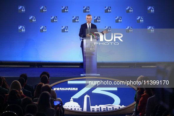 NATO Secretary Jens Stoltenberg holds a press conference during the 75th NATO Summit in the Walter E. Washington Convention Center in Washin...