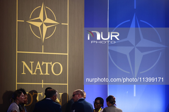 Participants ahead of NATO Secretary Jens Stoltenberg's press conference during the 75th NATO Summit in the Walter E. Washington Convention...