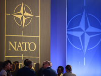 Participants ahead of NATO Secretary Jens Stoltenberg's press conference during the 75th NATO Summit in the Walter E. Washington Convention...