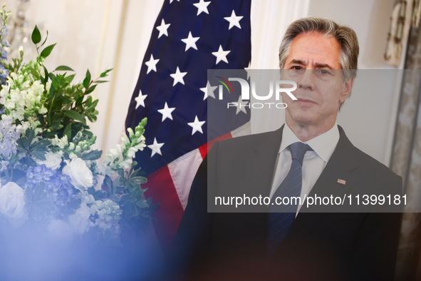 Antony Blinken, US Secretary of State speaks during the NATO Women, Peace, and Security Reception during the 75th NATO Summit at the U.S. De...