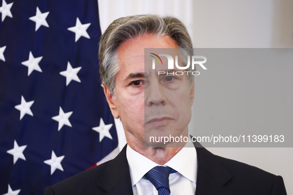 Antony Blinken, US Secretary of State speaks during the NATO Women, Peace, and Security Reception during the 75th NATO Summit at the U.S. De...