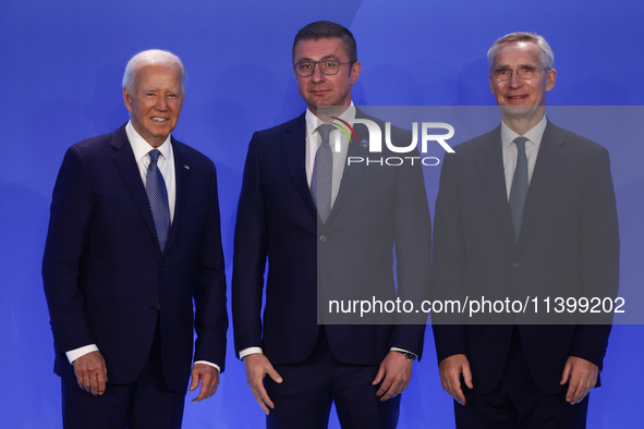 President of the United States Joe Biden, President of North Macedonia Hristijan Mickoski and Secretary General of NATO Jens Stoltenberg dur...