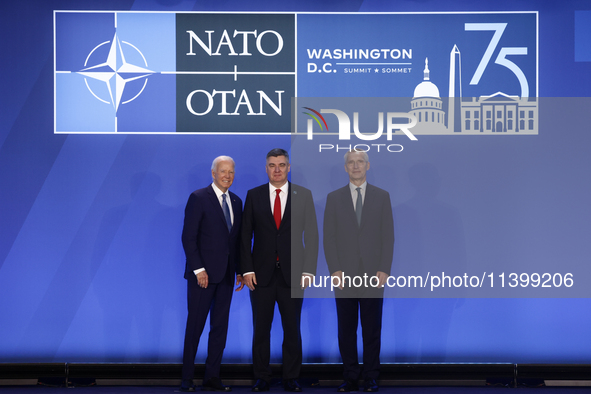 President of the United States Joe Biden, President of Croatia Zoran Milanovic and Secretary General of NATO Jens Stoltenberg during welcome...