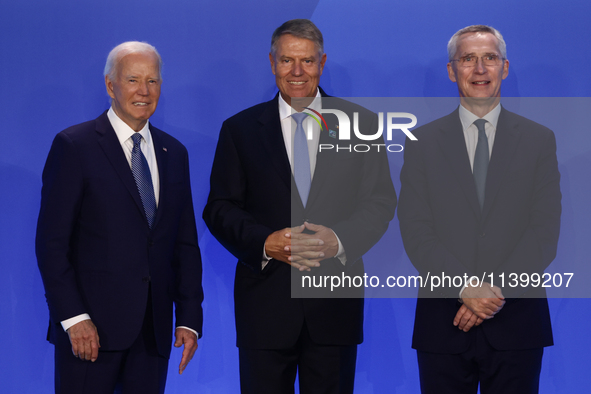 President of the United States Joe Biden, President of Romania Klaus Iohannis and Secretary General of NATO Jens Stoltenberg during welcome...