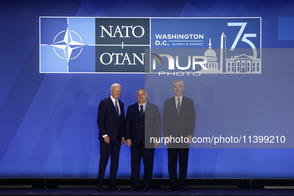 President of the United States Joe Biden, Prime Minister of Hungary Viktor Orban and Secretary General of NATO Jens Stoltenberg during welco...