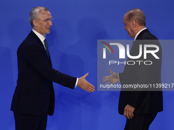 Secretary General of NATO Jens Stoltenberg and President of Turkiye Recep Tayyip Erdogan during welcome ceremony of the NATO Summit in Washi...