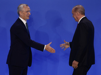 Secretary General of NATO Jens Stoltenberg and President of Turkiye Recep Tayyip Erdogan during welcome ceremony of the NATO Summit in Washi...