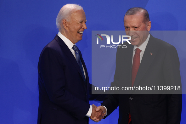 President of the United States Joe Biden and President of Turkiye Recep Tayyip Erdogan during welcome ceremony of the NATO Summit in Washing...