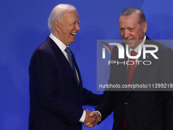 President of the United States Joe Biden and President of Turkiye Recep Tayyip Erdogan during welcome ceremony of the NATO Summit in Washing...