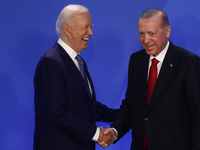 President of the United States Joe Biden and President of Turkiye Recep Tayyip Erdogan during welcome ceremony of the NATO Summit in Washing...