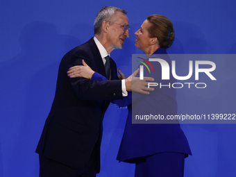 Secretary General of NATO Jens Stoltenberg and Prime Minister of Denmark Mette Frederiksen during welcome ceremony of the NATO Summit in Was...