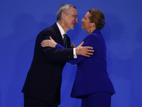 Secretary General of NATO Jens Stoltenberg and Prime Minister of Denmark Mette Frederiksen during welcome ceremony of the NATO Summit in Was...